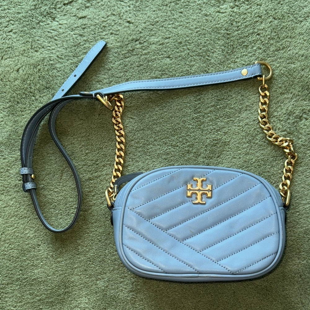 Tory Burch Pale Blue Quilted Leather Chain Crossbody with Gold Hardware